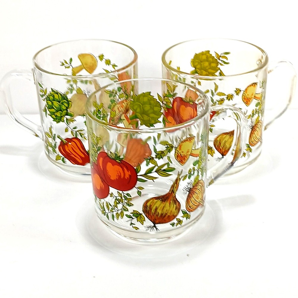 Spice of Life Glass Mugs Vegetable Mushroom Garden Qty of 3 Cottage Core Vintage